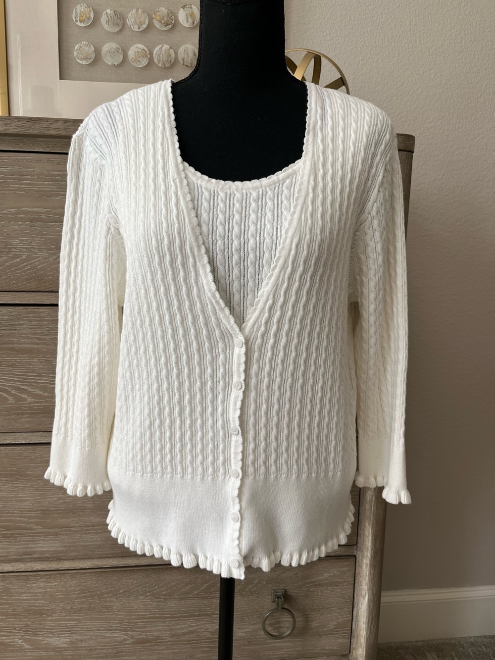 Jeanne Pierre 2pc Cable Knit White Cotton Sweater Set-XL Cardigan & Lg Tank EUC